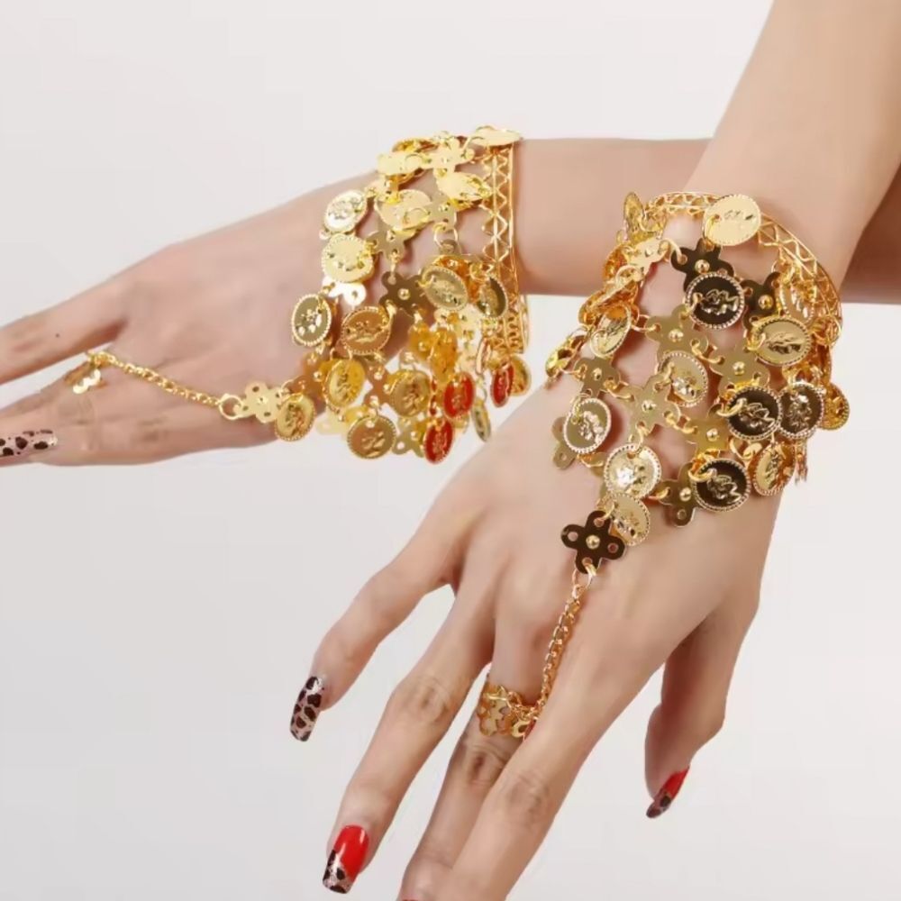 Belly Dancer Gold Tone Coin Cuff Bracelet & Attached Ring